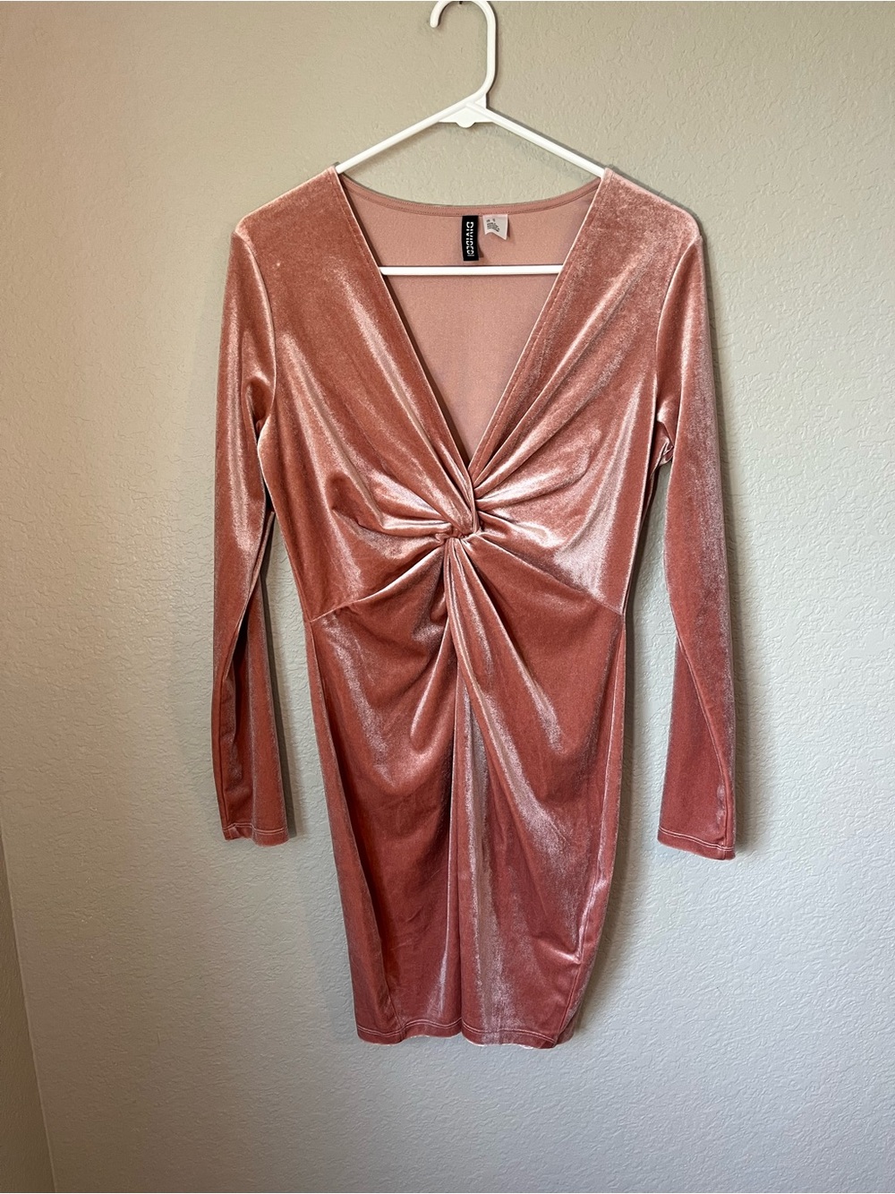 H&M Divided M Dusty Rose Pink Velvet Twist Front Mini Dress Long Sleeve Party